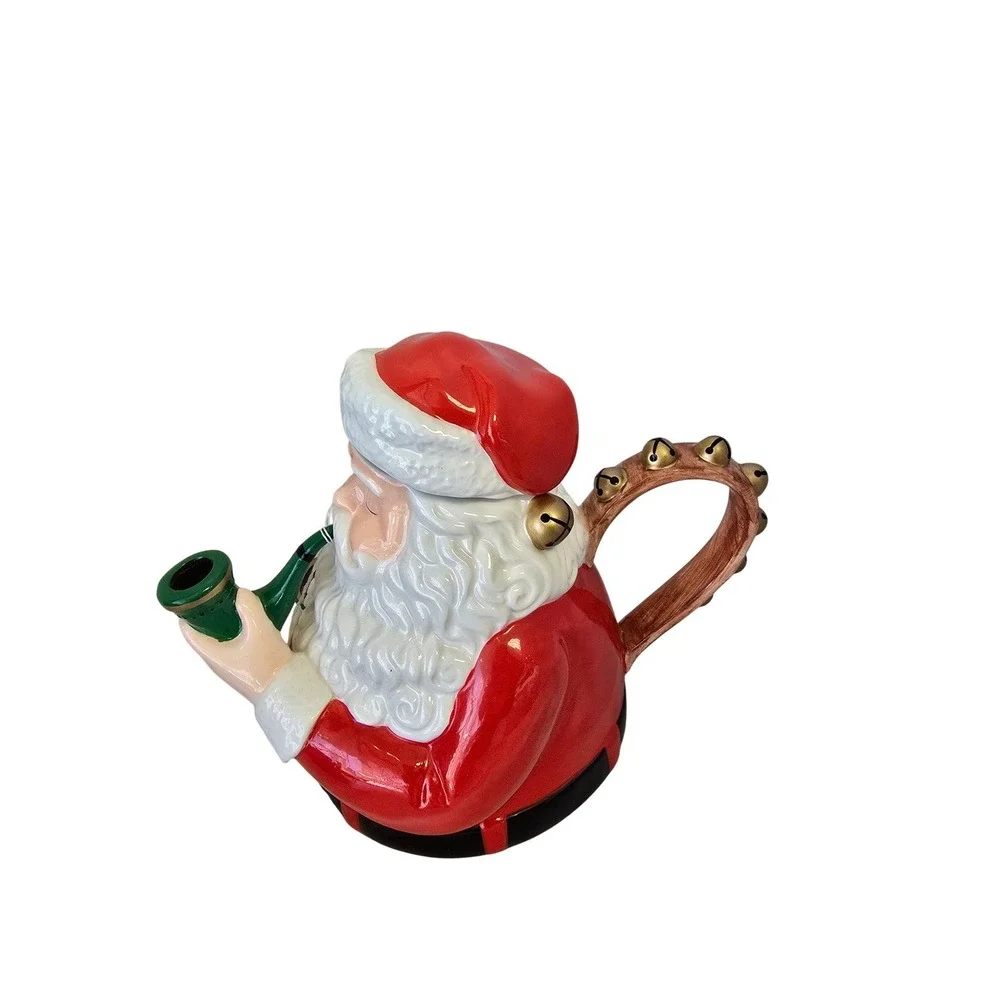 Santa Claus Ceramic Teapot Dept 56 Jingle Bell Handle Smoking Pipe‎ Spout